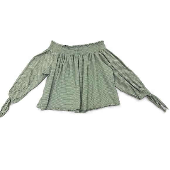 Free People Green Off-The-Shoulder Tie Cuffs Ribbed Top Size Medium - Picture 2 of 6